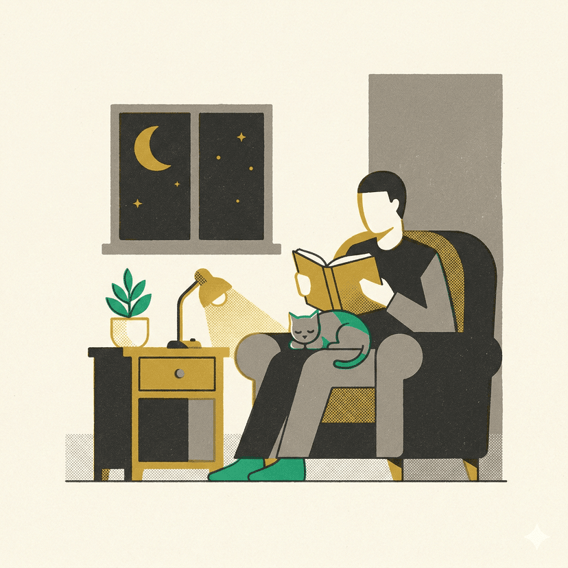 A reading lamp illustration representing calm, informed monitoring