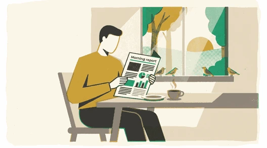 Person reading a morning report at a breakfast table, small birds on the windowsill